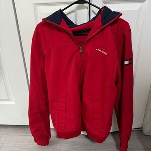 Tommy Hilfiger Mens Red Hooded Windbreaker Jacket Full Zip Mesh Lined Size M